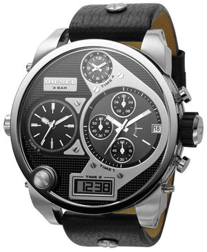 Diesel Mr Daddy Chronograph White Dial Black Leather Strap Watch For Men - DZ7125 Authentic Buy Shop Now