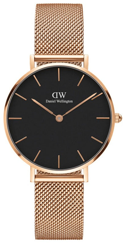 Daniel Wellington Classic Melrose Black Dial Rose Gold Mesh Bracelet Watch For Women - DW00100161 Authentic Buy Shop Now