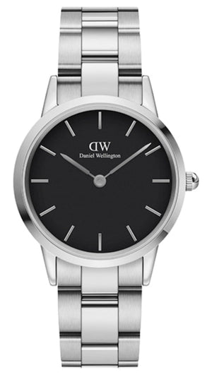 Daniel Wellington Iconic Link Black Dial Silver Steel Strap Watch For Women - DW00100206 Authentic Buy Shop Now