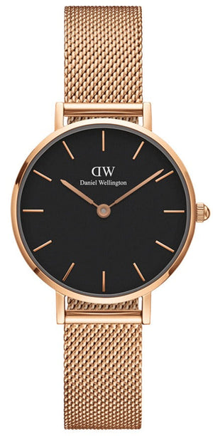 Daniel Wellington Classic Petite Melrose Black Dial Rose Gold Mesh Bracelet Watch For Women - DW00100217 Authentic Buy Shop Now