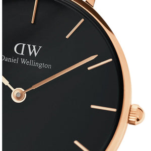 Daniel Wellington Classic Petite Melrose Black Dial Rose Gold Mesh Bracelet Watch For Women - DW00100217 Authentic Buy Shop Now