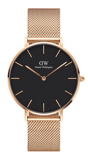 Daniel Wellington Petite Melrose Black Dial Rose Gold Mesh Strap Watch For Women - DW00100303 Authentic Buy Shop Now
