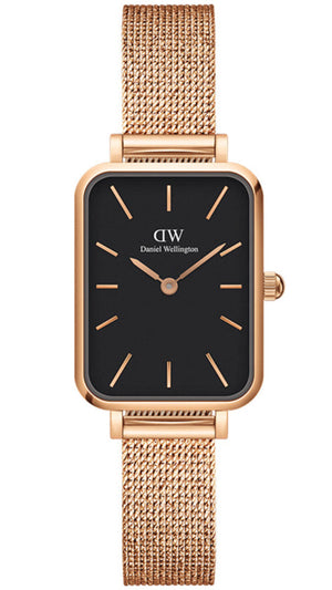 Daniel Wellington Quadro Melrose Black Dial Rose Gold Mesh Bracelet Watch For Women - DW00100432 Authentic Buy Shop Now