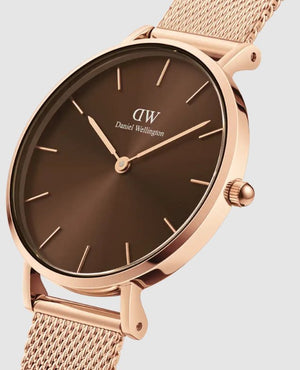 Daniel Wellington Petite Melrose Brown Dial Rose Gold Mesh Strap Watch For Women - DW00100477 Authentic Buy Shop Now