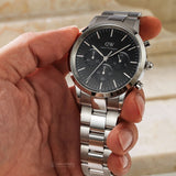 Daniel Wellington Iconic Chronograph Link Black Dial Silver Steel Strap Watch For Men - DW00100645 Authentic Buy Shop Now
