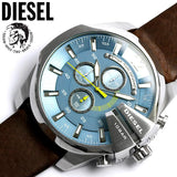 Diesel Mega Chief Chronograph Blue Dial Brown Leather Strap Watch For Men - DZ4281 Authentic Buy Shop Now