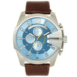 Diesel Mega Chief Chronograph Blue Dial Brown Leather Strap Watch For Men - DZ4281 Authentic Buy Shop Now