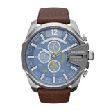 Diesel Mega Chief Chronograph Blue Dial Brown Leather Strap Watch For Men - DZ4281 Authentic Buy Shop Now