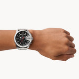 Diesel Mega Chief Chronograph Black Dial Silver Steel Strap Watch For Men - DZ4308 Authentic Buy Shop Now