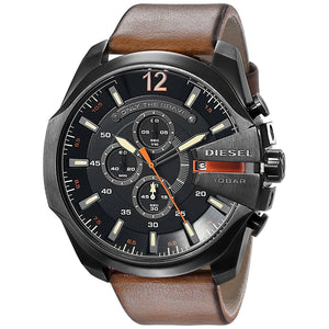 Diesel Mega Chief Chronograph Black Dial Brown Leather Strap Watch For Men - DZ4343 Authentic Buy Shop Now