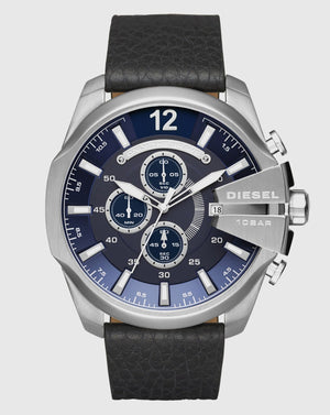Diesel Mega Chief Chronograph Blue Dial Black Leather Strap Watch For Men - DZ4423 Authentic Buy Shop Now