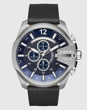 Diesel Mega Chief Chronograph Blue Dial Black Leather Strap Watch For Men - DZ4423 Authentic Buy Shop Now