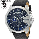 Diesel Mega Chief Chronograph Blue Dial Black Leather Strap Watch For Men - DZ4423 Authentic Buy Shop Now