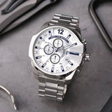 Diesel Mega Chief Chronograph White Dial Silver Steel Strap Watch For Men - DZ4477 Authentic Buy Shop Now