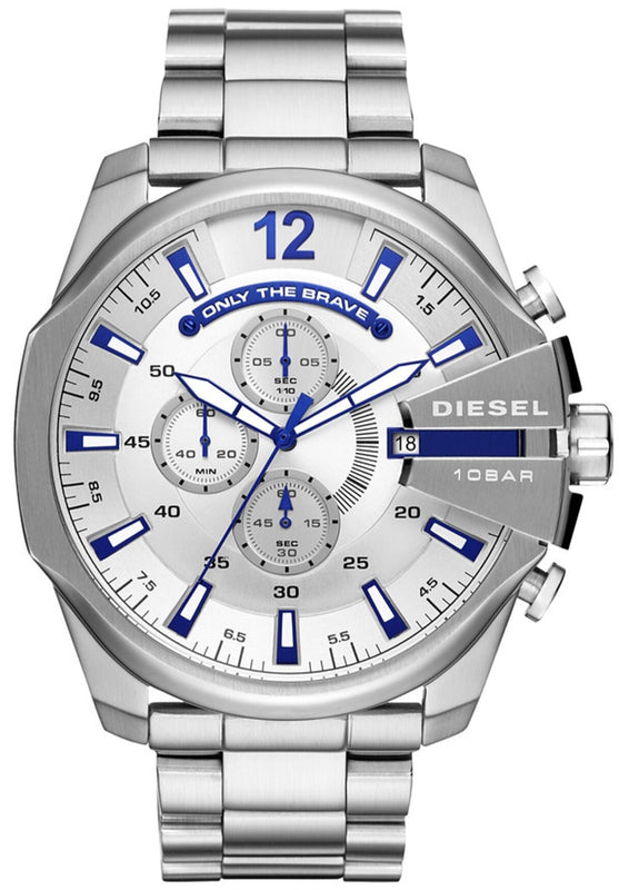 Diesel Mega Chief Chronograph White Dial Silver Steel Strap Watch For Men - DZ4477 Authentic Buy Shop Now