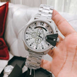 Diesel Mega Chief Chronograph Silver Dial Silver Steel Strap Watch For Men - DZ4501 Authentic Buy Shop Now