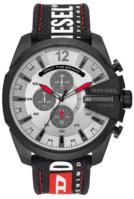 Diesel Mega Chief Chronograph Silver Dial Black Leather Strap Watch For Men - DZ4512 Authentic Buy Shop Now