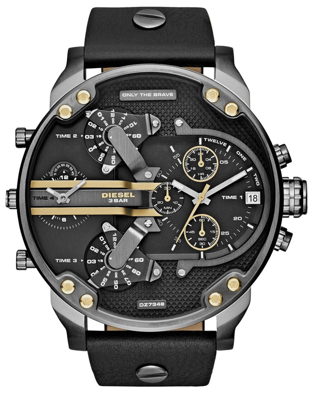 Diesel Mr Daddy 2.0 Chronograph Black Dial Black Leather Strap Watch For Men - DZ7348 Authentic Buy Shop Now