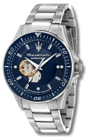 Maserati SFIDA Automatic Skeleton Blue Dial Silver Steel Strap Watch For Men - R8823140007 Authentic Buy Shop Now
