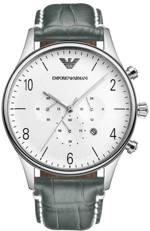 Emporio Armani Classic Chronograph Silver Dial Grey Leather Strap Watch For Men - AR1861 Authentic Buy Shop Now