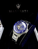 Maserati SFIDA Automatic Skeleton Blue Dial Silver Steel Strap Watch For Men - R8823140007 Authentic Buy Shop Now