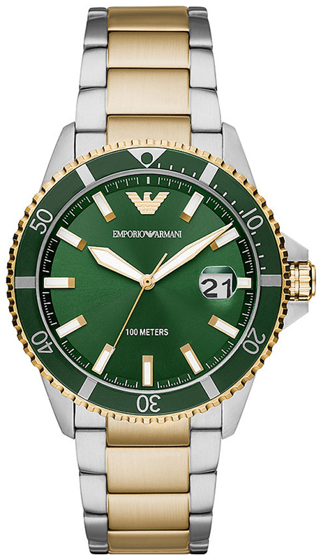 Emporio Armani Diver Chronograph Green Dial Two Tone Steel Strap Watch For Men - AR80063 Authentic Buy Shop Now