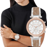 Michael Kors Parker Chronograph White Dial Two Tone Leather Strap Watch For Women - MK6950 Authentic Buy Shop Now