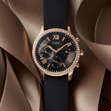 Guess Solar 40mm Black & Rose Gold Dial Black Rubber Strap Watch For Women - W1135L4 Authentic Buy Shop Now