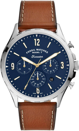 Fossil Forrester Chronograph Blue Dial Brown Leather Strap Watch for Men - S5607 Authentic Buy Shop Now