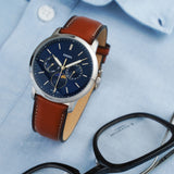 Fossil Neutra Minimalist Moonphase Blue Dial Brown Leather Strap Watch for Men - FS5903 Authentic Buy Shop Now