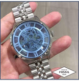 Fossil Townsman Automatic Skeleton Blue Dial Silver Steel Strap Watch for Men - ME3073 Authentic Buy Shop Now