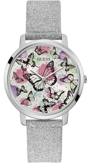 Guess Sparkle Butterfly White Dial Silver Leather Strap Watch For Women - GW0008L1 Authentic Buy Shop Now