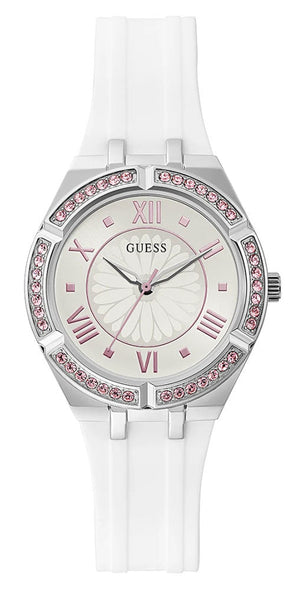 Guess Sparkling Silver Dial White Rubber Strap Watch For Women - GW0032L1 Authentic Buy Shop Now