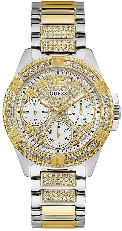 Guess Frontier Chronograph Crystals Gold Dial Two Tone Steel Strap Watch For Women - W1156L5 Authentic Buy Shop Now