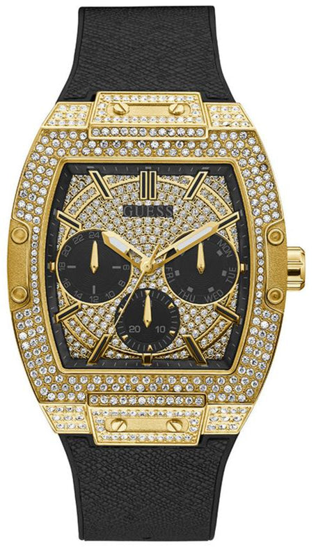 Guess Phoenix Multifunction Crystals Gold Dial Black Silicone Strap Watch For Men - GW0048G2 Authentic Buy Shop Now