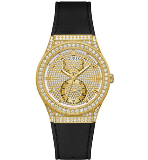 Guess Princess Crystals Gold Dial Black Silicone Strap Watch For Women - GW0439L2 Authentic Buy Shop Now