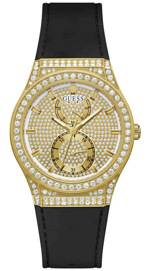 Guess Princess Crystals Gold Dial Black Silicone Strap Watch For Women - GW0439L2 Authentic Buy Shop Now