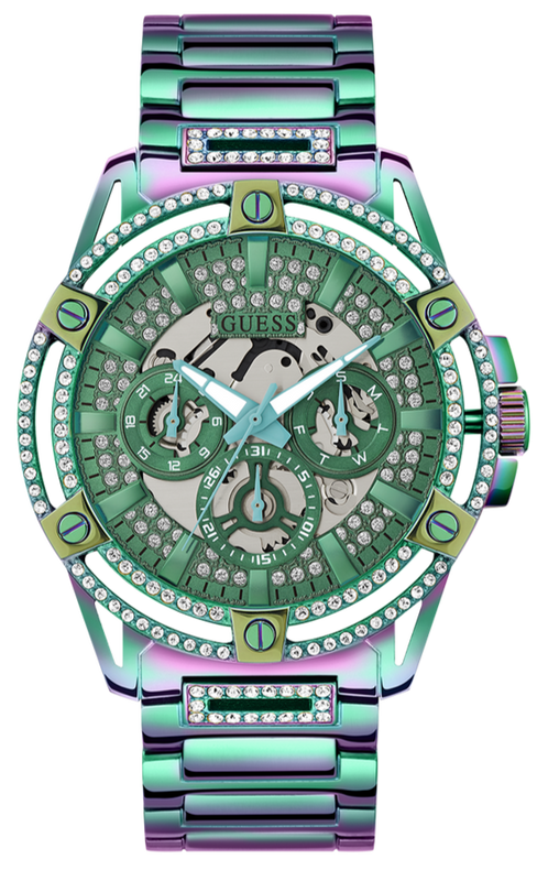 Guess King Iridescent Multifunction Multicolor Dial Purple Steel Strap Watch For Men - GW0497G3 Authentic Buy Shop Now