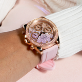 Guess Sparkling Chronograph Crystals Pink Dial Pink Silicone Strap Watch For Women - GW0032L4 Authentic Buy Shop Now