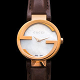 Gucci G Interlocking Mother of Pearl Dial Brown Leather Strap Watch For Women - YA133516 Authentic Buy Shop Now