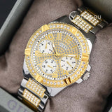 Guess Frontier Chronograph Crystals Gold Dial Two Tone Steel Strap Watch For Women - W1156L5 Authentic Buy Shop Now