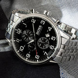 Hugo Boss Aeroliner Chronograph Quartz Black Dial Silver Steel Strap Watch For Men - HB1512446 Authentic Buy Shop Now