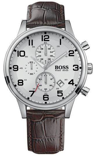 Hugo Boss Aeroliner Chronoraph White Dial Brown Leather Strap Watch For Men - HB1512447 Authentic Buy Shop Now
