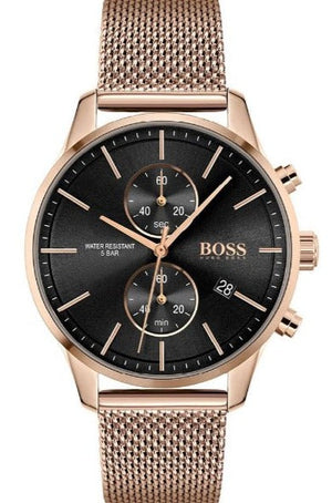 Hugo Boss Associate Black Dial Rose Gold Mesh Bracelet Watch for Men - 1513806 Authentic Buy Shop Now
