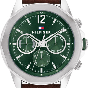 Tommy Hilfiger Lars Chronograph Green Dial Brown Leather Strap Watch For Men - 1792064 Authentic Buy Shop Now