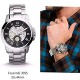 Fossil Grant Skeleton Black Dial Silver Steel Strap Watch for Men - ME3055 Authentic Buy Shop Now