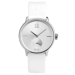 Calvin Klein Accent Silver Dial White Leather Strap Watch for Women - K2Y231K6 Authentic Buy Shop Now