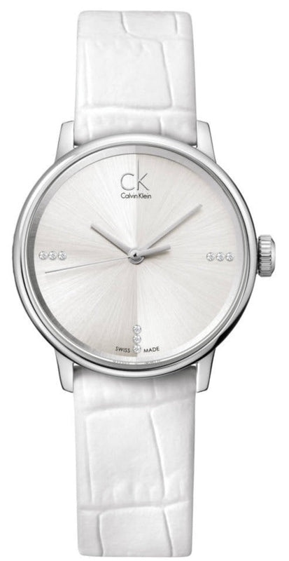 Calvin Klein Accent Silver Dial White Leather Strap Watch for Women - K2Y2Y1KW Authentic Buy Shop Now