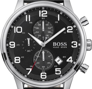Hugo Boss Aeroliner Chronograph Black Dial Black Leather Strap Watch For Men - 1512448 Authentic Buy Shop Now