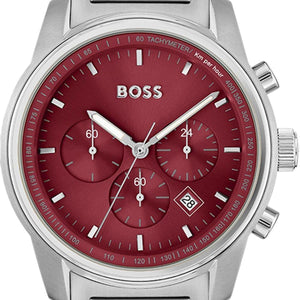 Hugo Boss Trace Chronograph Red Dial Silver Steel Strap Watch For Men - 1514004 Authentic Buy Shop Now